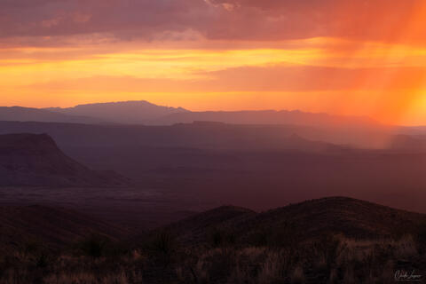 View of Chisos Mountain Range at Big Bend National Park at sunset.