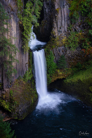 A close-up view of Toketee Falls in Oregon during fall.