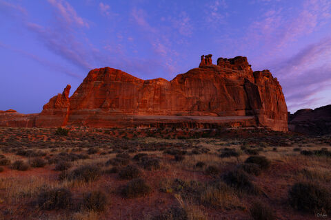 View of the Tower of Babel in Arches National Park in Utah at sunset.