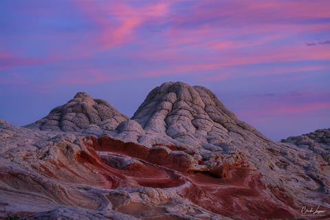View of rock formations in White Pocket in Arizona at sunset.