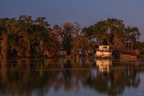 View of Bayou Grosbec river in Louisiana at sunset.