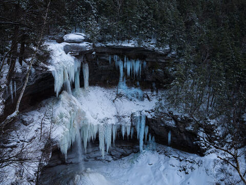 View of frozen Kaaterskill Falls in Upstate New York.