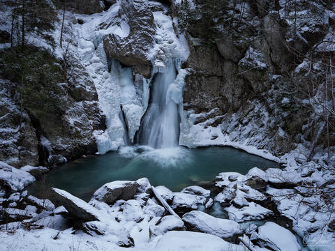 View of Bash Bish Falls in Bash Bish Falls State Park in Massachusetts during winter.