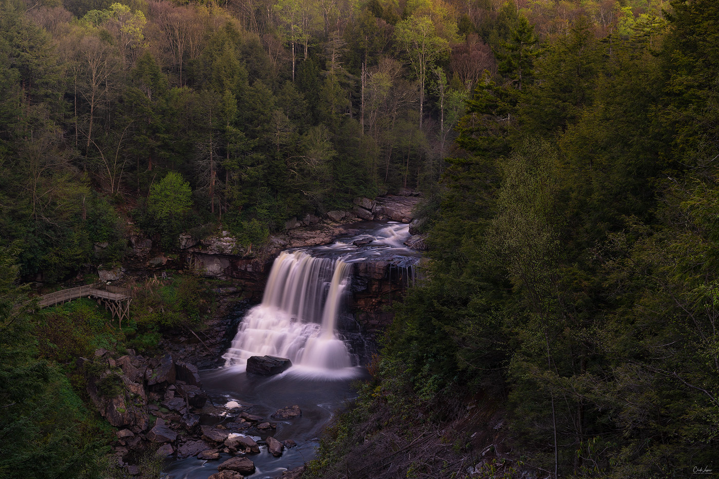 View of Blackwater Falls in Blackwater Falls State Park in West Virginia at sunrise.