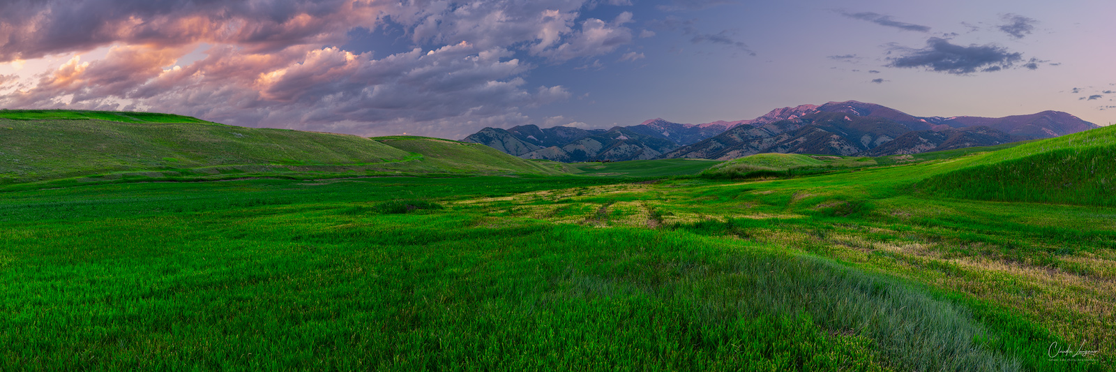 View on Bridger Mountain Range at sunset in Bozeman, Montana.