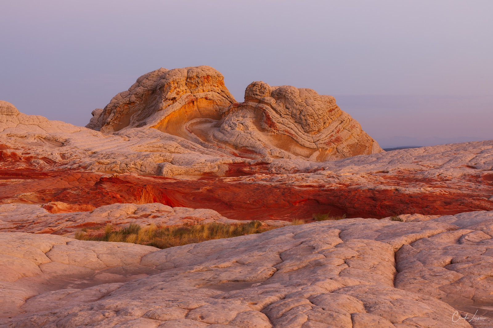 View of rock formations in White Pocket in Arizona at sunset.