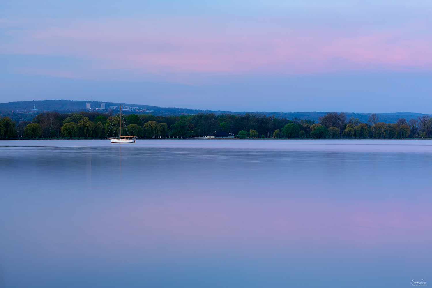 View of Cayuga Lake at sunrise in Ithaca in New York.