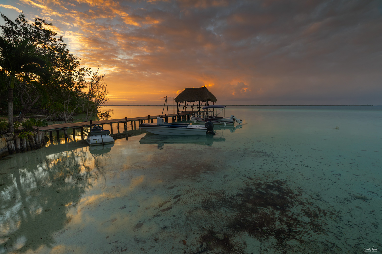View of pier at Lake Bacalar in Quintana Roo in Mexico.