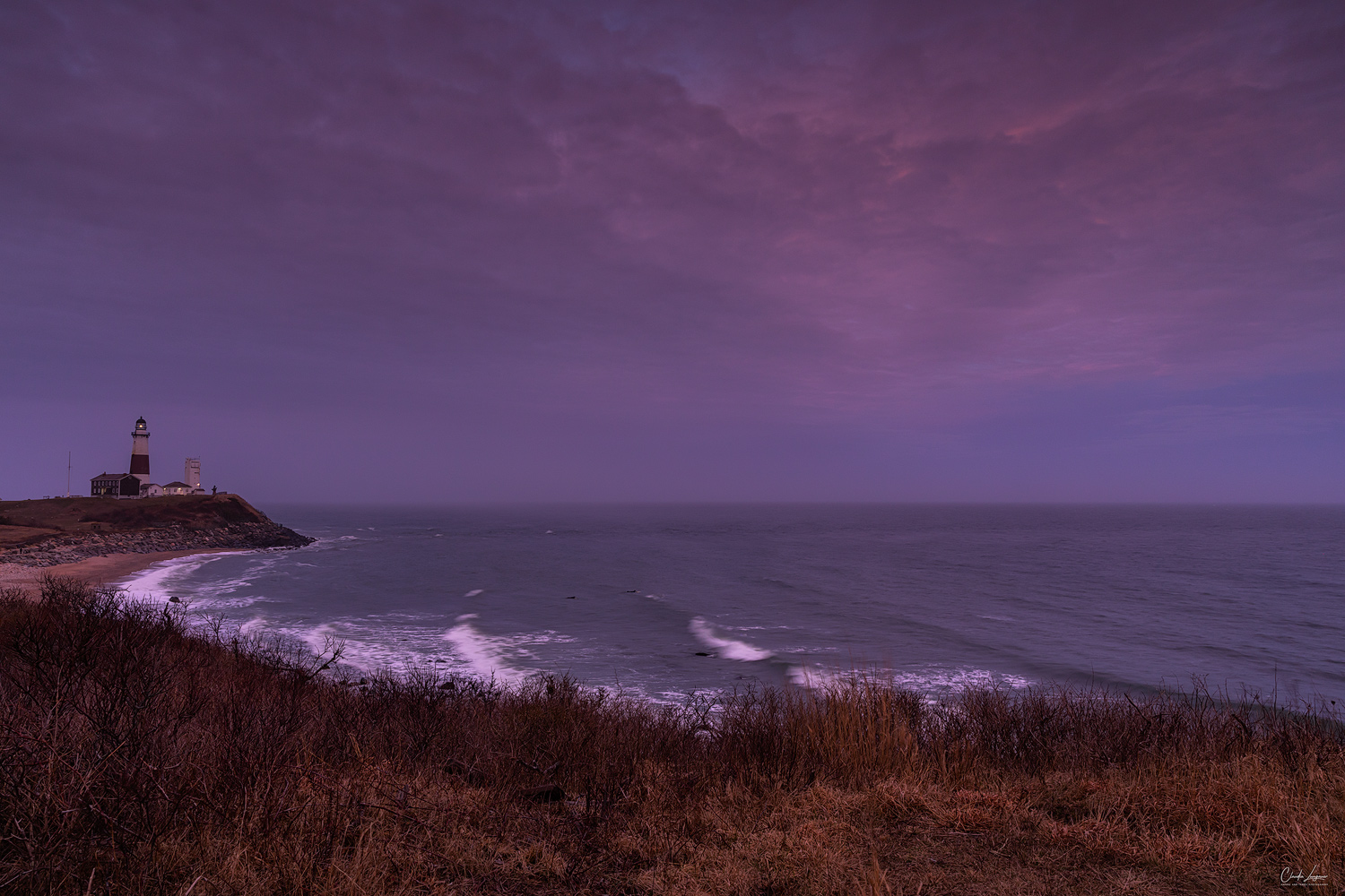 View of Montauk Point Lighthouse in New York at sunset.
