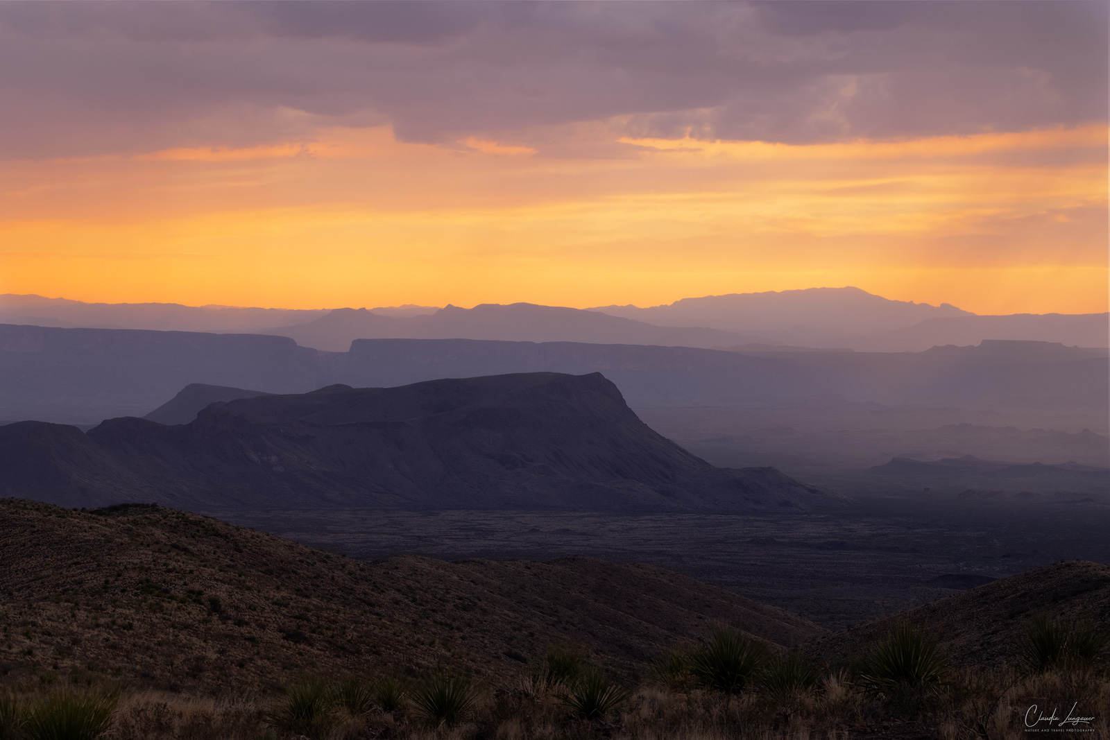 View of Chisos Mountain Range at Big Bend National Park at sunset.