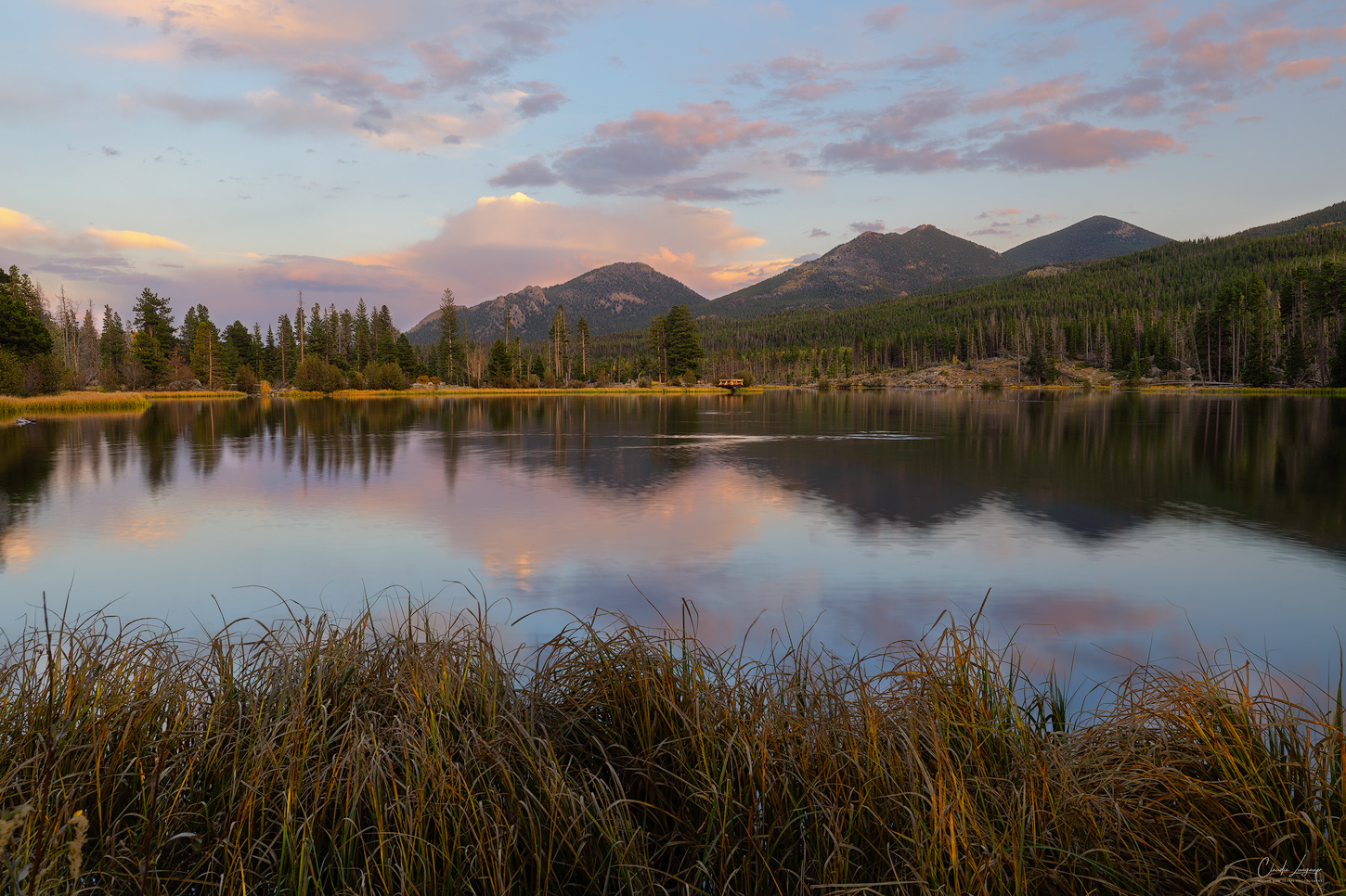 Reflection of Estes Cone at Sprague Lake in Rocky Mountain National Park.