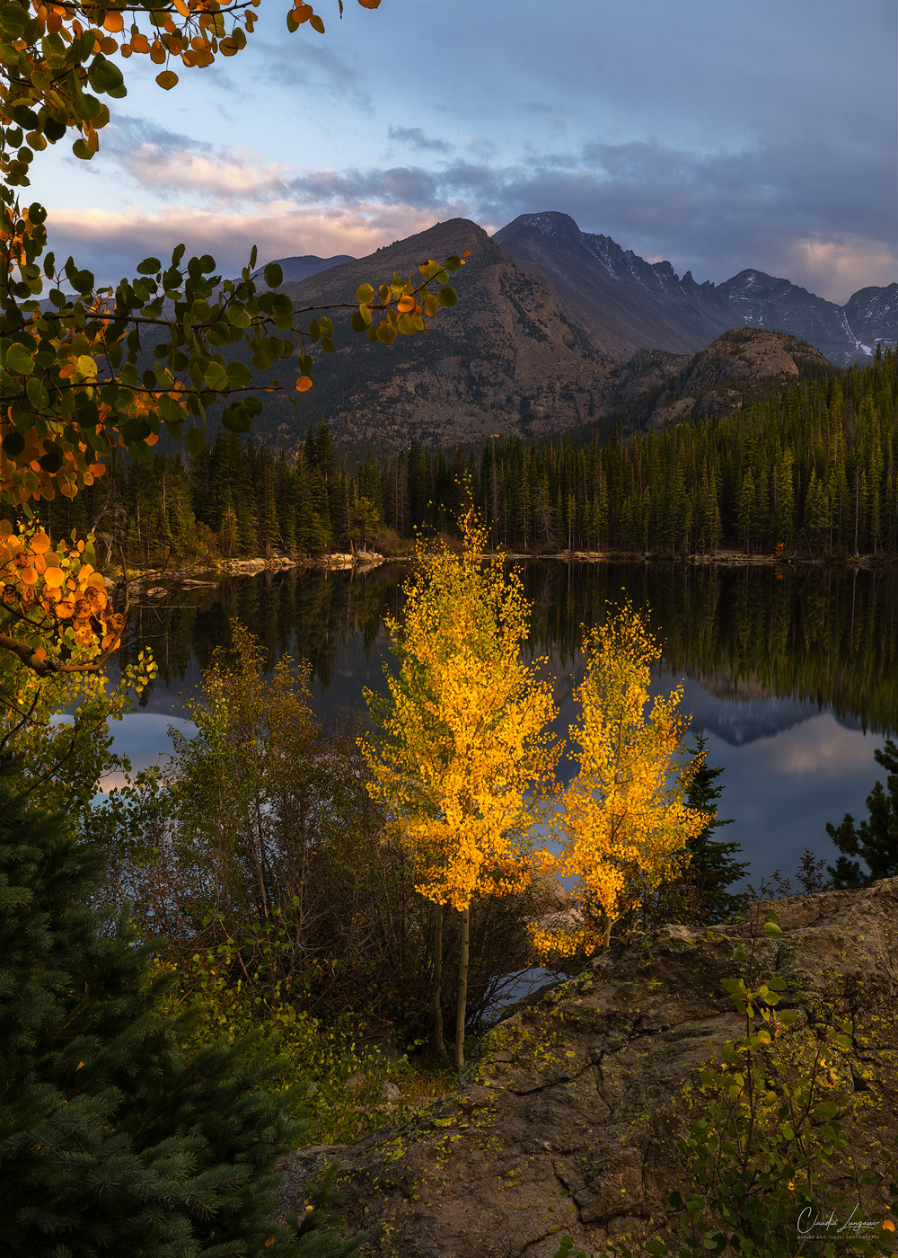 View on Longs Peak in RMNP at sunset in Colorado.