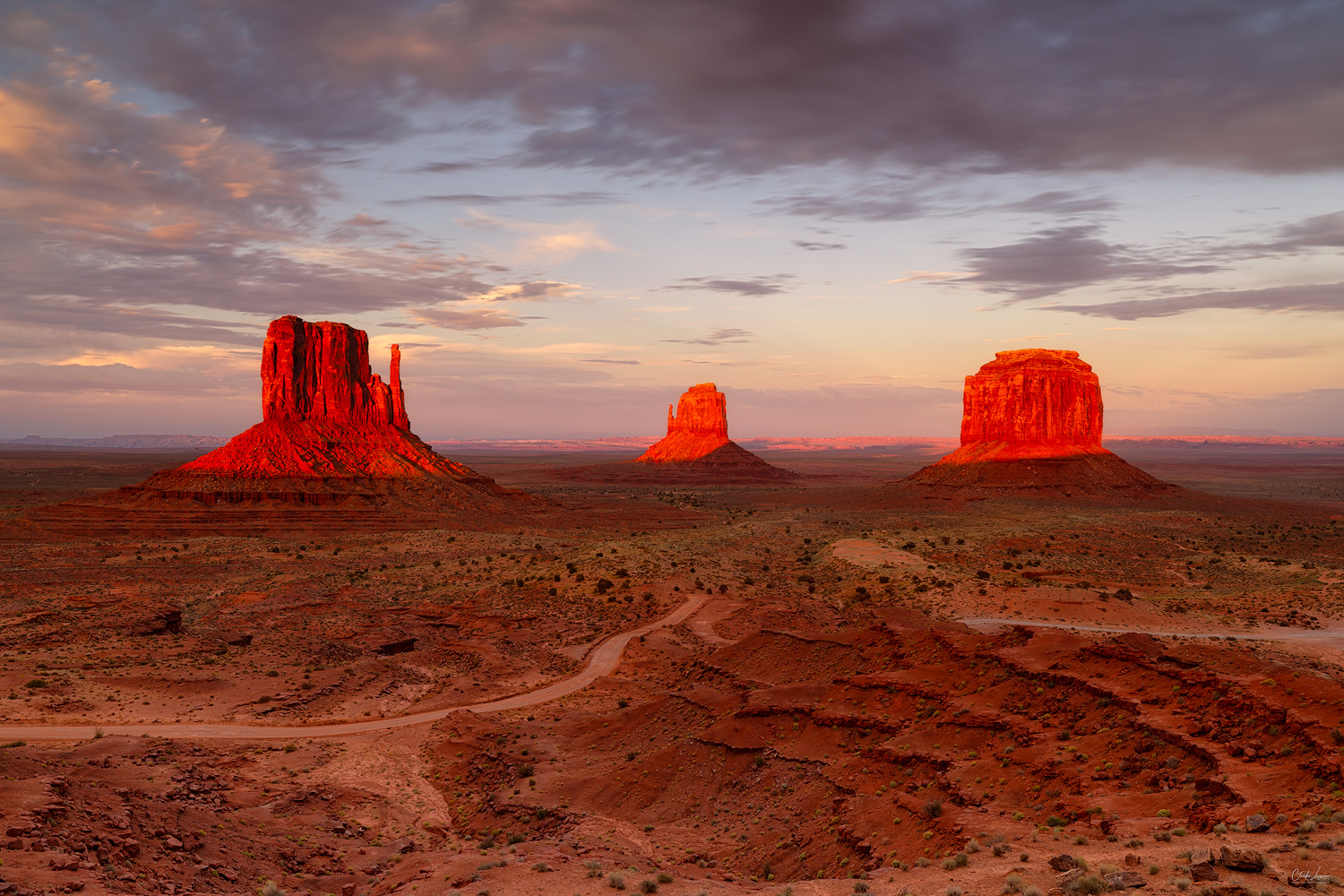 View of the sandstone towers at sunset in Monument Valley on the Arizona-Utah border.