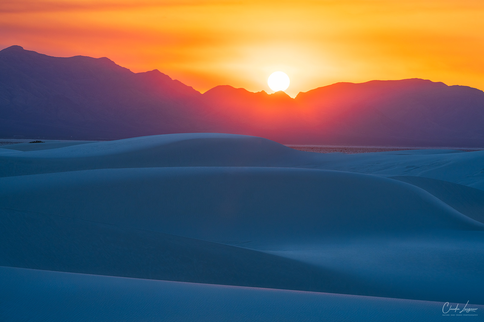 Sunset at White Sands National Park in New Mexico.