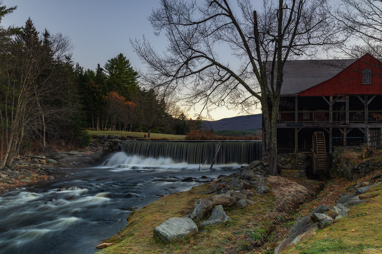 View of The Old Mill Museum and falls in Weston in Vermont.