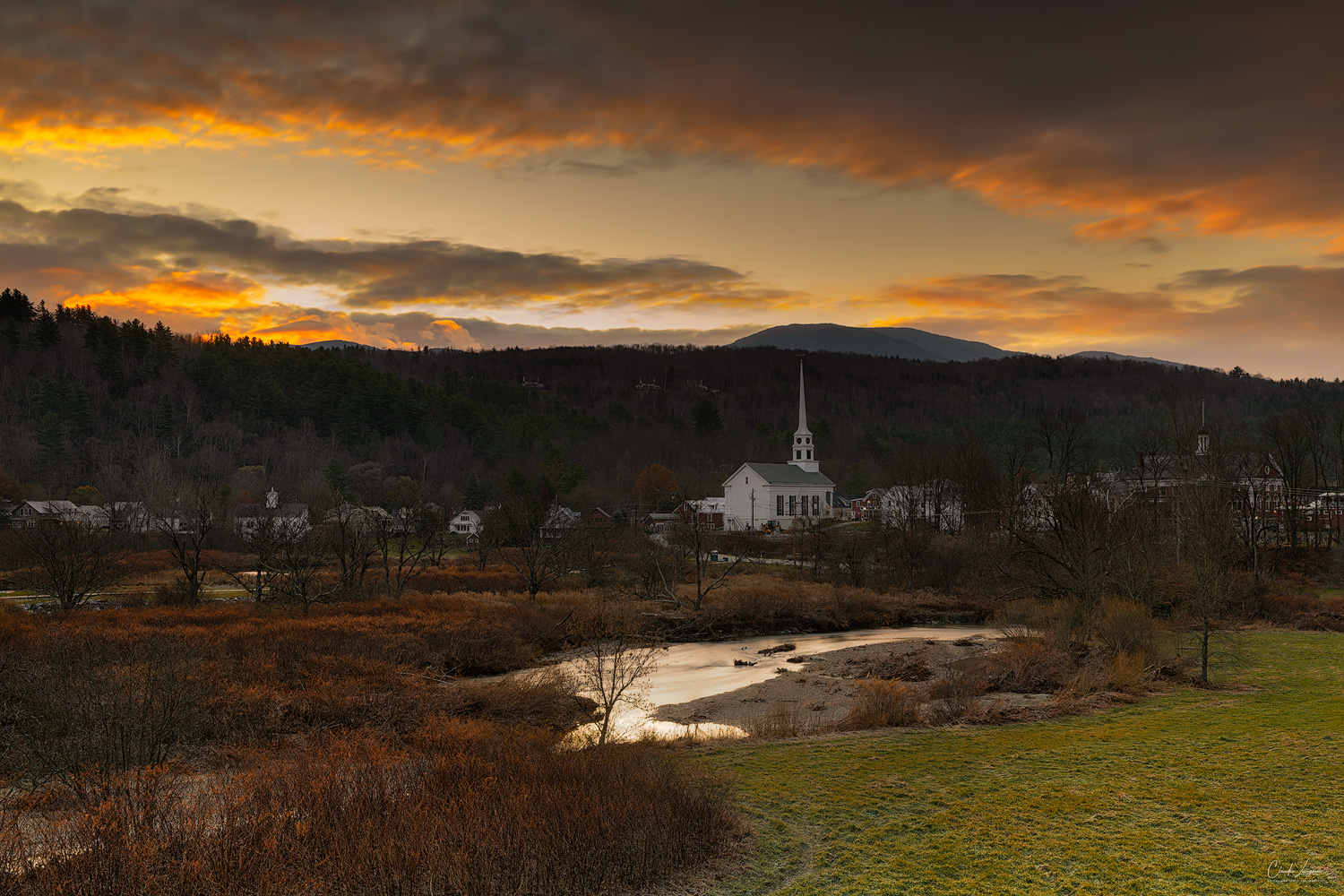 Sunrise over the town of Stowe in Vermont.