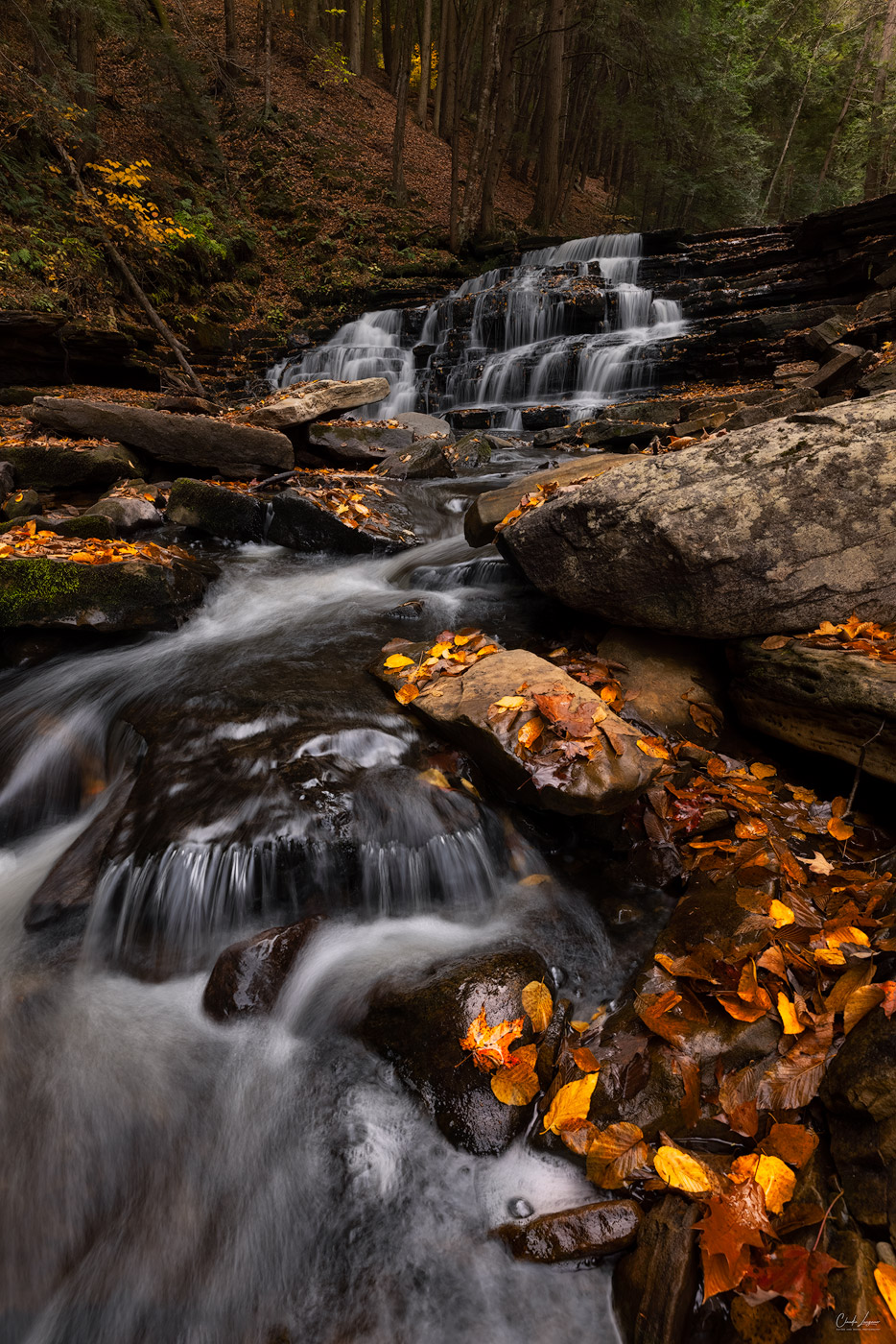 View of falls near Copeland Covered Bridge in Edinburg in New York.