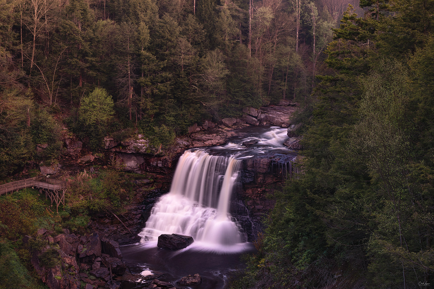 View of Blackwater Falls in Blackwater Falls State Park in West Virginia at sunrise.