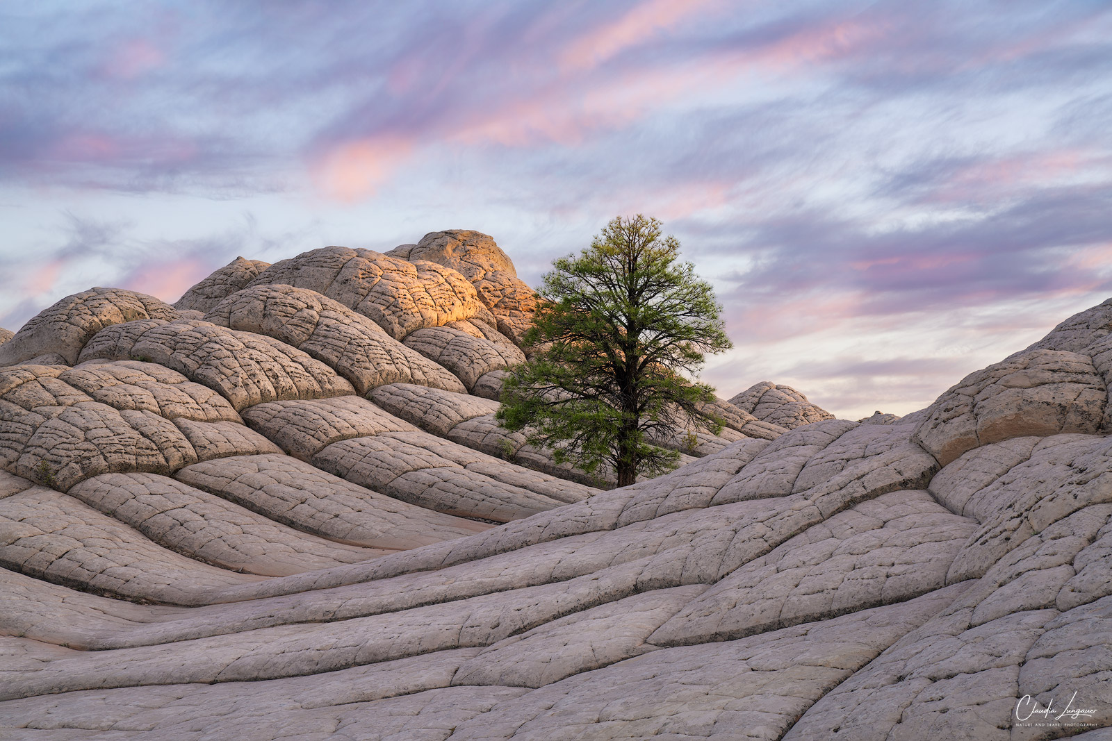 View of rock formations in White Pocket in Arizona at sunset.