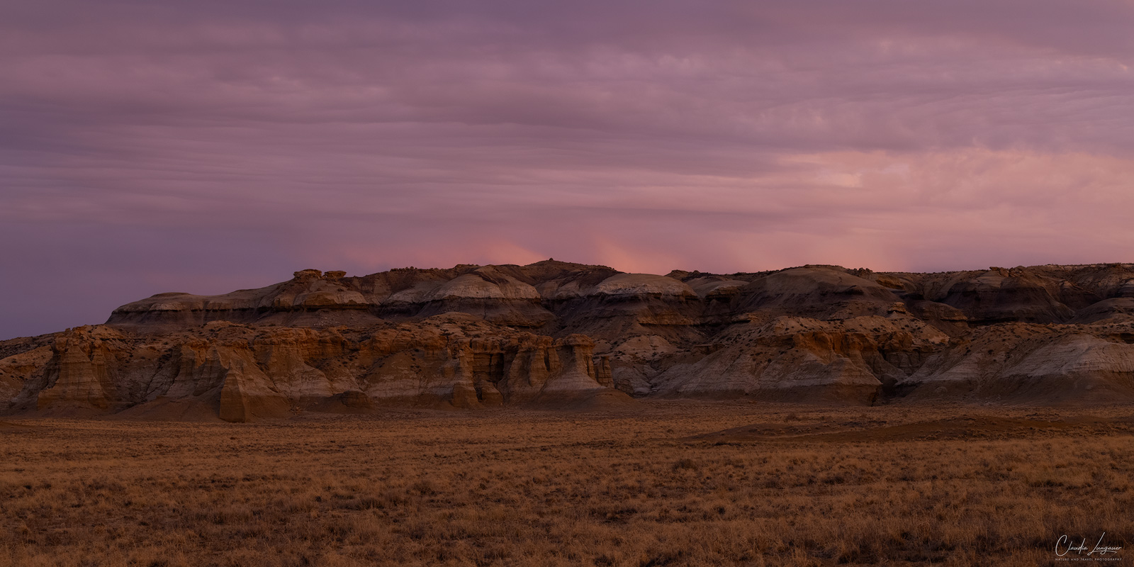 View of Bisti Badlands in New Mexico at sunset.