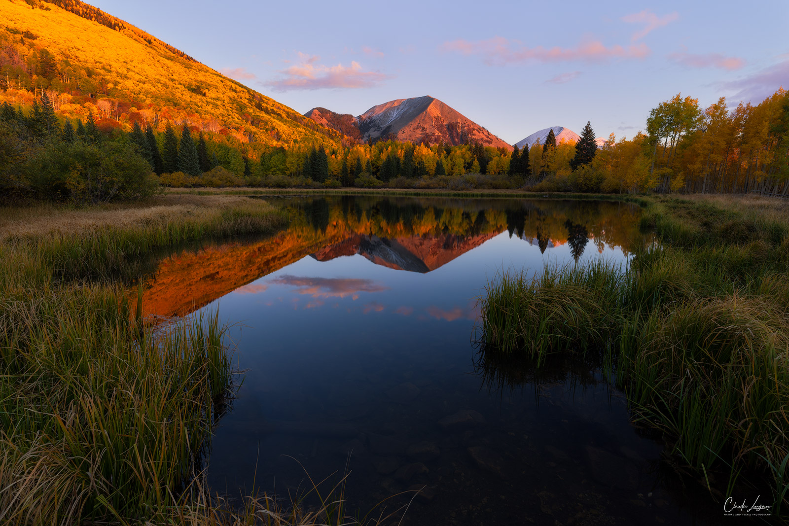 View of the La Sal Mountains at Warner Lake in Utah during sunset.