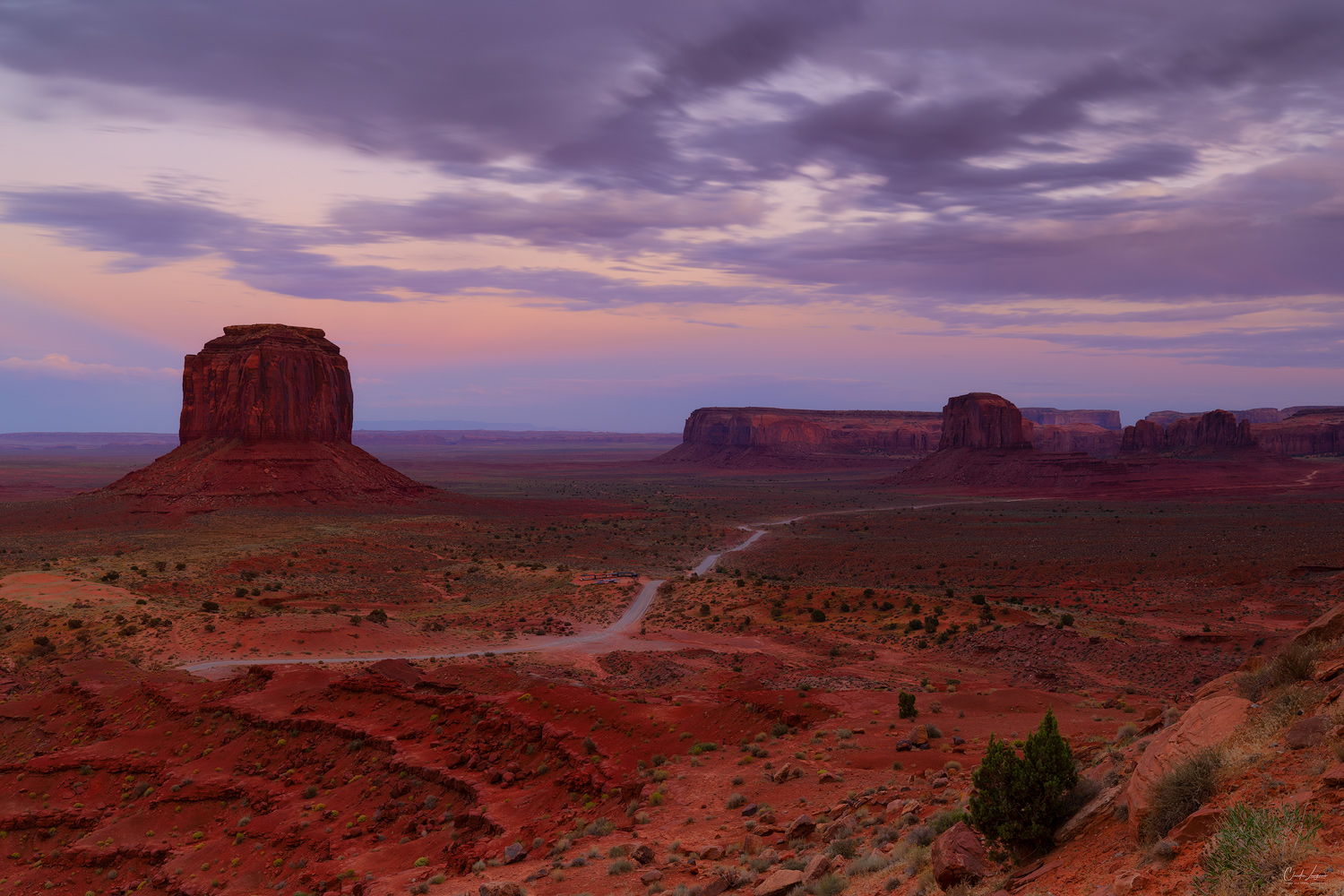 View on the sandstone towers at sunset in Monument Valley on the Arizona-Utah border.