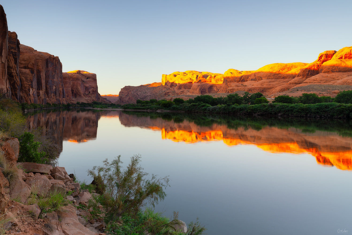 View of sandstone reflections in the Colorado River outside of Moab in Utah.