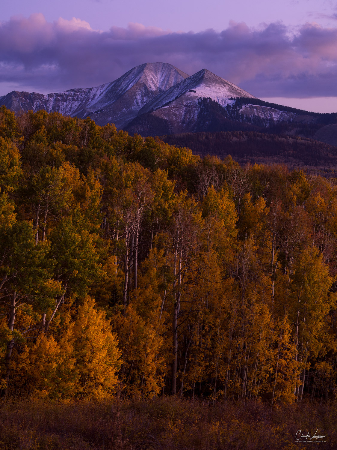 View of the La Sal Mountains near Warner Lake in Utah during sunset.