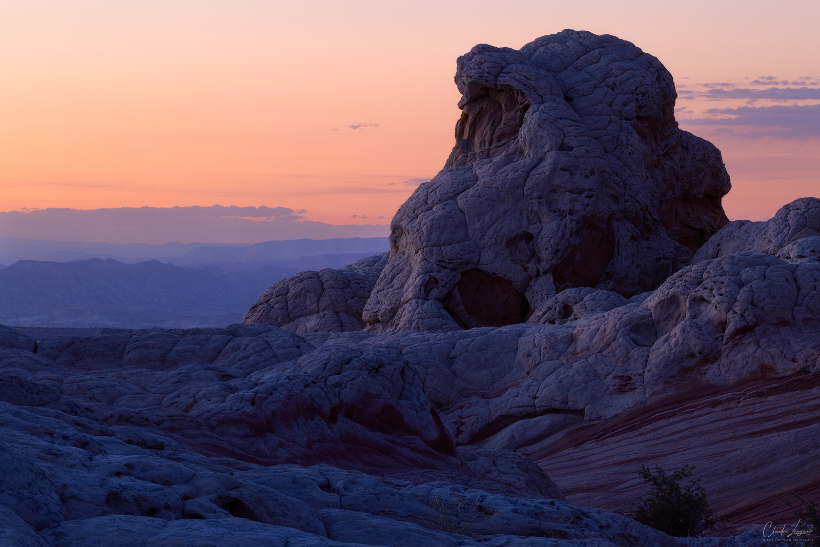 View of rock formations in White Pocket in Arizona at sunset.