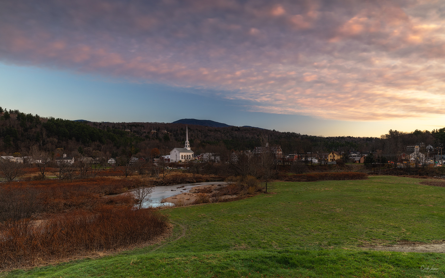 Sunset over the town of Stowe in Vermont.